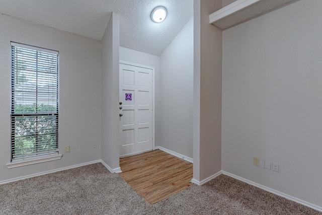 carpeted foyer entrance with a textured ceiling and lofted ceiling