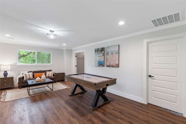 playroom with hardwood / wood-style flooring and ornamental molding