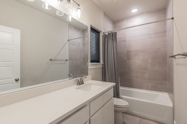 full bathroom with toilet, vanity, shower / tub combo with curtain, and tile patterned flooring