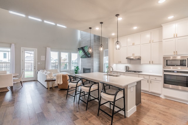 kitchen featuring light wood-type flooring, stainless steel appliances, sink, a center island with sink, and hanging light fixtures