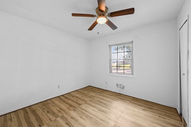 unfurnished bedroom with light wood-type flooring and ceiling fan