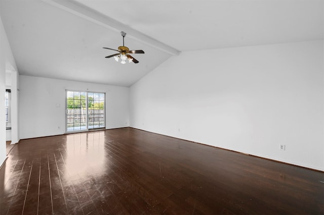 unfurnished room with beamed ceiling, ceiling fan, dark wood-type flooring, and high vaulted ceiling