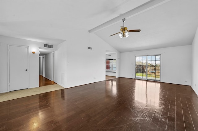 unfurnished living room featuring ceiling fan, dark wood-type flooring, and lofted ceiling with beams