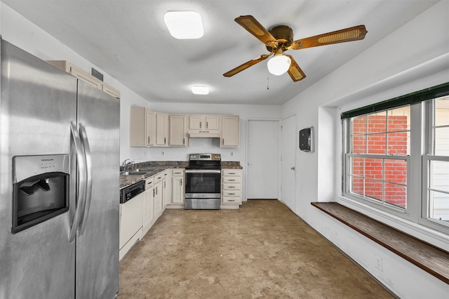 kitchen featuring cream cabinetry, stainless steel appliances, ceiling fan, and sink