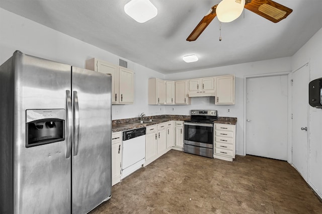 kitchen with ceiling fan, sink, and appliances with stainless steel finishes