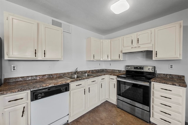 kitchen featuring sink, premium range hood, white dishwasher, a textured ceiling, and stainless steel range with electric stovetop