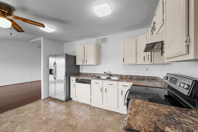 kitchen featuring stainless steel refrigerator with ice dispenser, white cabinets, sink, electric range, and dishwasher