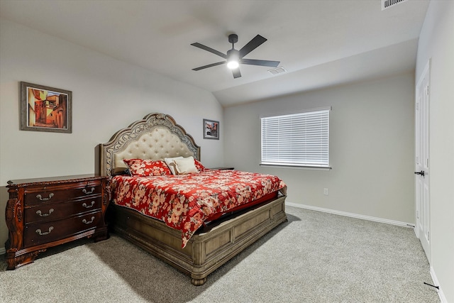 bedroom featuring light carpet, ceiling fan, and lofted ceiling