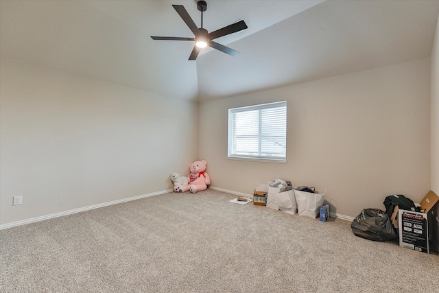 game room featuring ceiling fan, carpet floors, and lofted ceiling