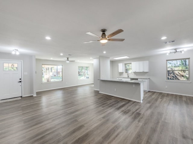 unfurnished living room featuring hardwood / wood-style floors, a wealth of natural light, and ceiling fan