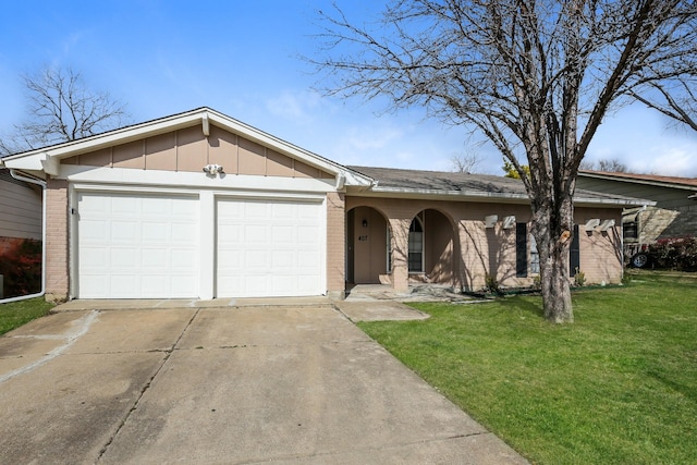 ranch-style home featuring a garage and a front lawn