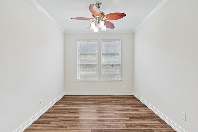 empty room with hardwood / wood-style floors, ceiling fan, and crown molding