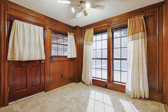 doorway with wood walls, plenty of natural light, light carpet, and a textured ceiling