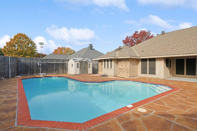 view of swimming pool featuring a patio area, a diving board, and a storage unit