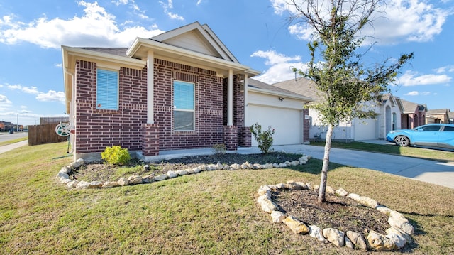 ranch-style house with a garage and a front lawn