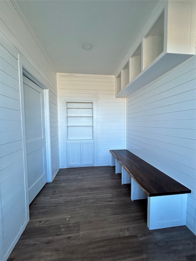 mudroom with wooden walls and dark wood-type flooring