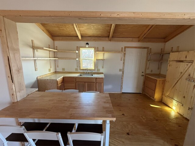 bathroom with wooden ceiling