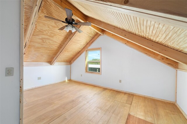 empty room featuring ceiling fan, wooden ceiling, beam ceiling, and light hardwood / wood-style flooring