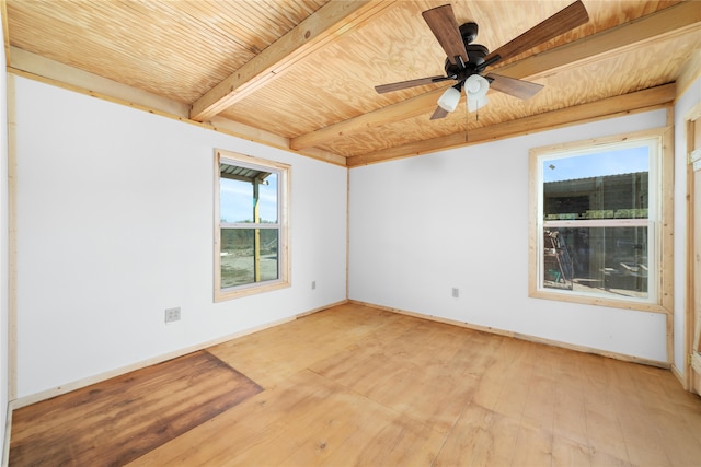 empty room with beamed ceiling, ceiling fan, wood ceiling, and light hardwood / wood-style flooring