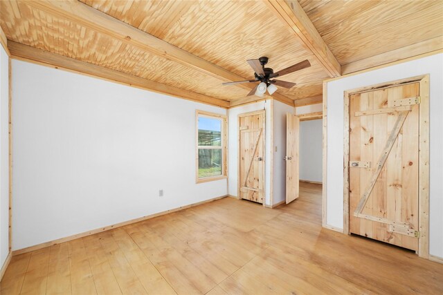 unfurnished bedroom with beamed ceiling, ceiling fan, light hardwood / wood-style floors, and wooden ceiling