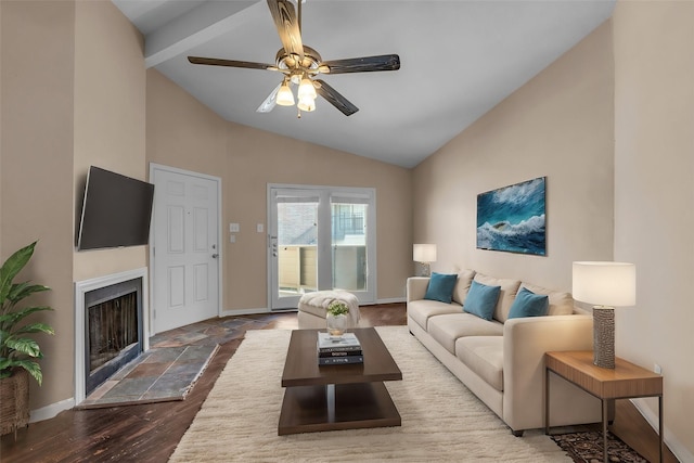 living room with beam ceiling, ceiling fan, high vaulted ceiling, hardwood / wood-style floors, and a fireplace