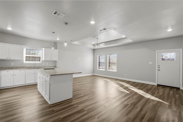 kitchen with white cabinets, dark hardwood / wood-style floors, a kitchen island, and a wealth of natural light