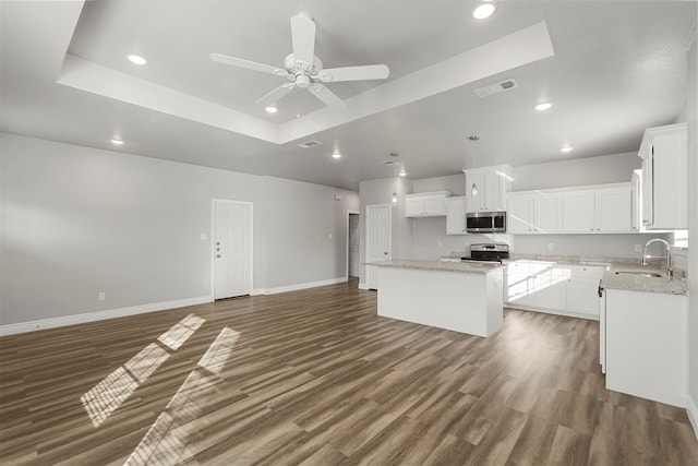 kitchen featuring a center island, a raised ceiling, and sink