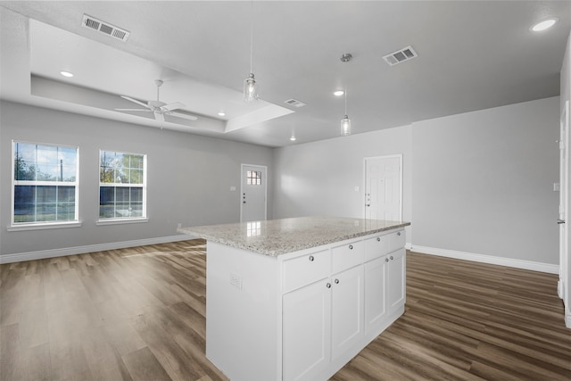 kitchen featuring white cabinets, a center island, dark wood-type flooring, and a tray ceiling