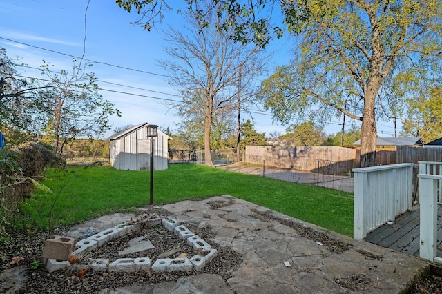 view of patio featuring a storage shed