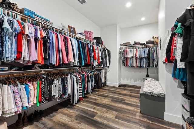 walk in closet featuring dark wood-type flooring