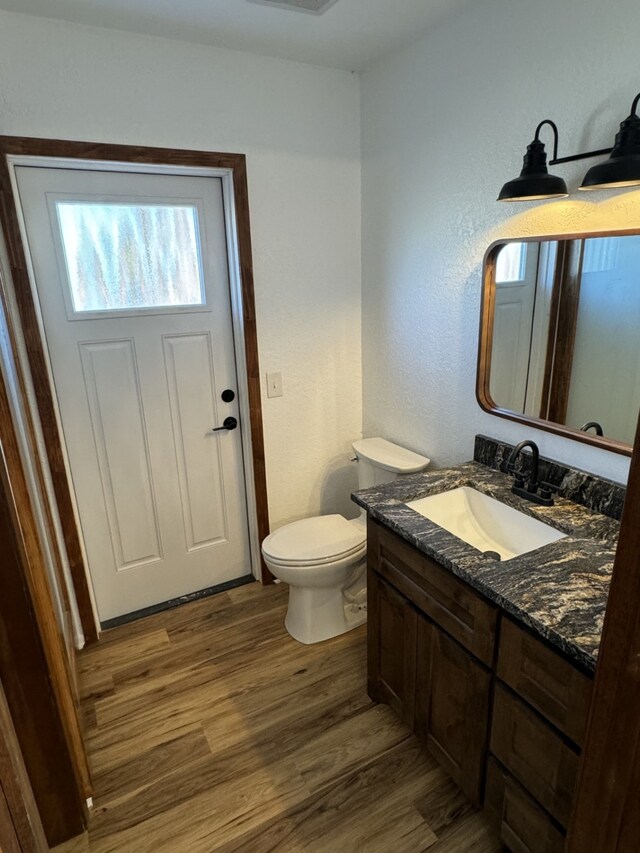 bathroom featuring vanity, toilet, and wood-type flooring