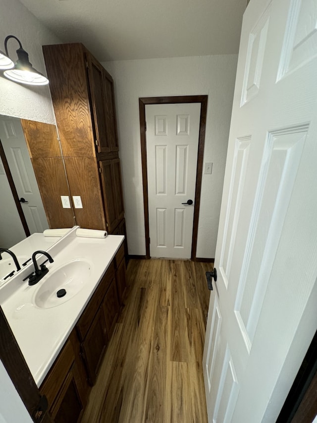 bathroom with hardwood / wood-style floors and vanity