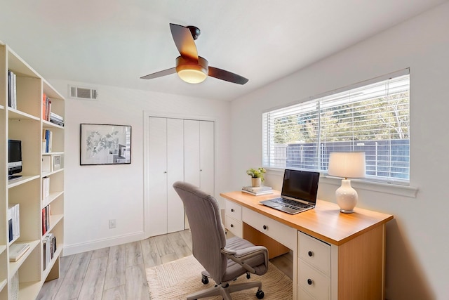 office area featuring ceiling fan and light hardwood / wood-style flooring