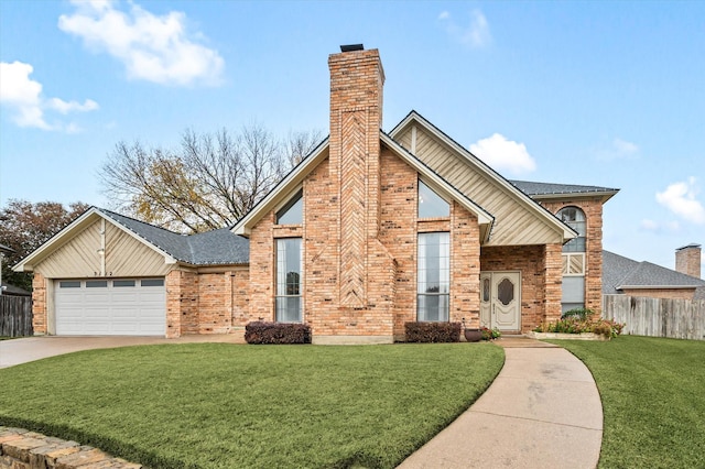 view of front property featuring a garage and a front lawn