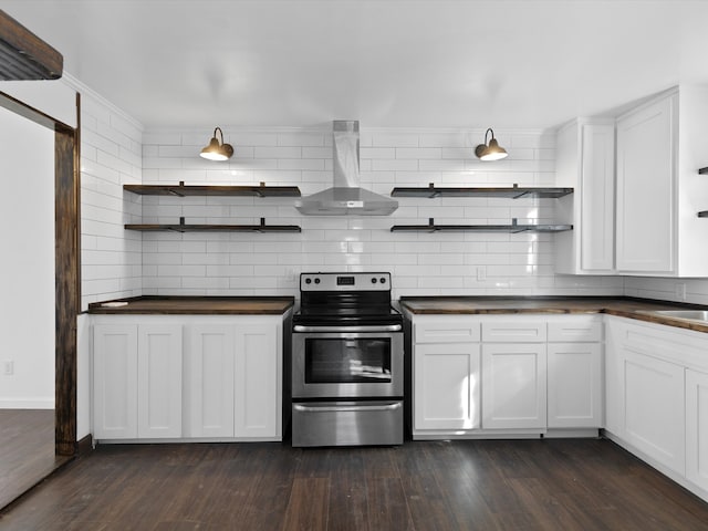 kitchen featuring white cabinetry, wall chimney exhaust hood, dark wood-type flooring, and electric stove