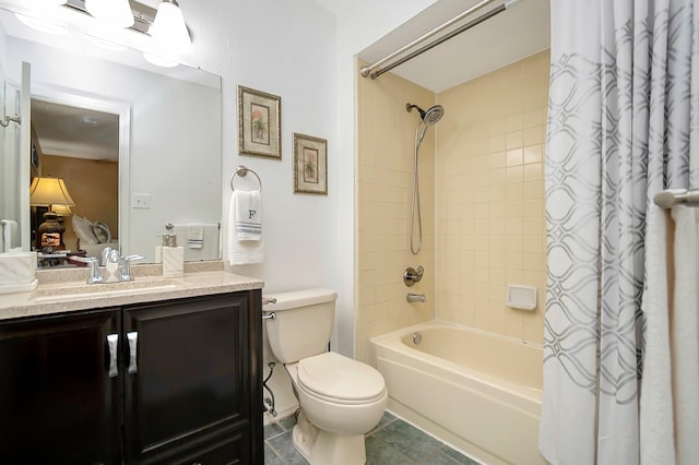 full bath featuring tile patterned flooring, shower / tub combo with curtain, vanity, and toilet