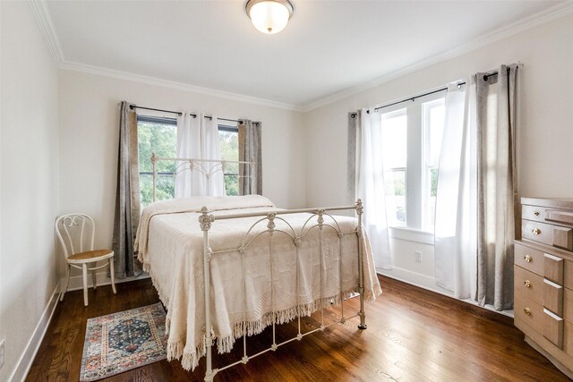 bedroom featuring crown molding and dark hardwood / wood-style floors