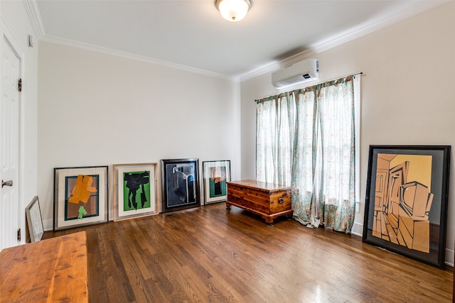 living area with dark hardwood / wood-style floors, a wall mounted AC, and crown molding