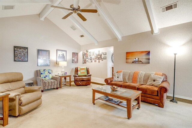 living room with high vaulted ceiling, ceiling fan, a textured ceiling, beam ceiling, and carpet floors