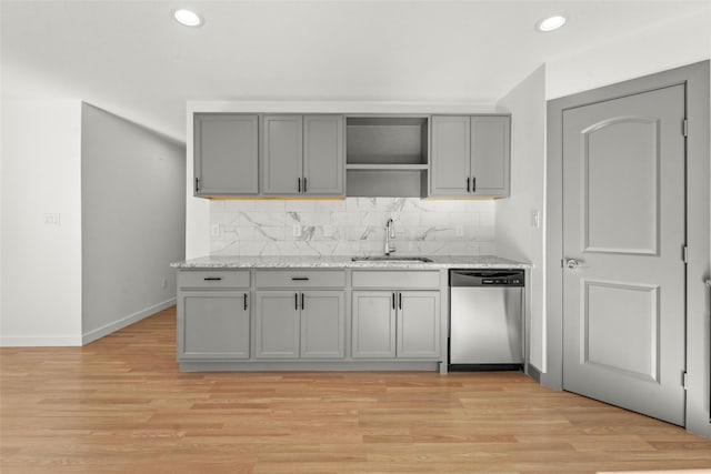 906 Benton St, Bonham, TX 75418 - kitchen featuring stainless steel dishwasher, a sink, gray cabinets, decorative backsplash, and recessed lighting