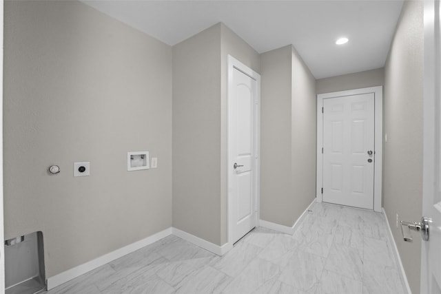 906 Benton St, Bonham, TX 75418 - washroom with electric dryer hookup, light marble finish floors, hookup for a washing machine, baseboards, and recessed lighting
