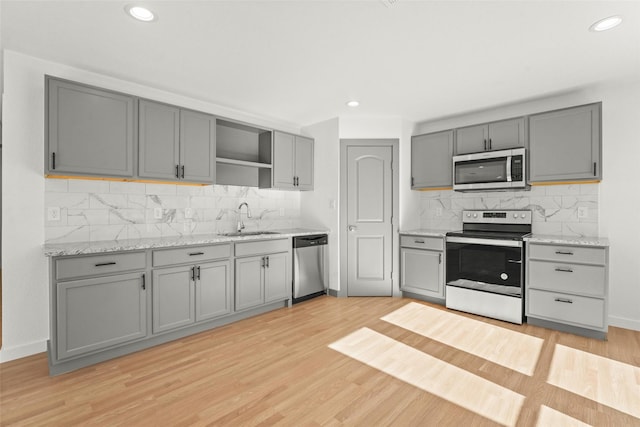 906 Benton St, Bonham, TX 75418 - kitchen featuring stainless steel appliances, gray cabinetry, a sink, open shelves, and backsplash