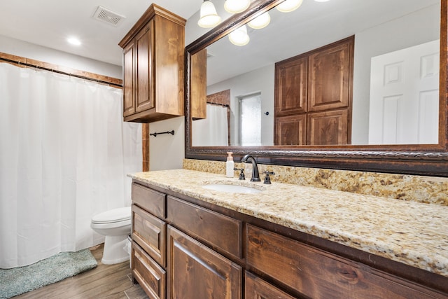 bathroom featuring vanity, toilet, and wood-type flooring