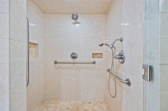 bathroom featuring a shower with shower door