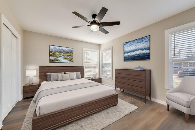 bedroom featuring multiple windows, a closet, hardwood / wood-style flooring, and ceiling fan