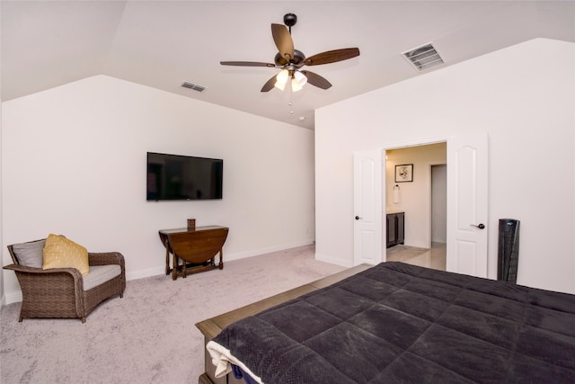 bedroom featuring ceiling fan, carpet, and lofted ceiling