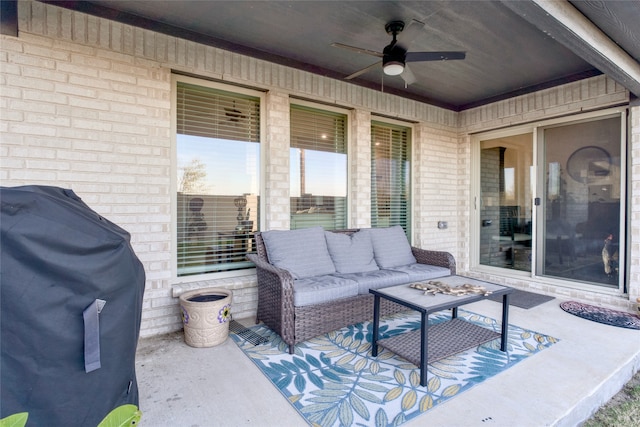 view of patio with an outdoor living space, ceiling fan, and grilling area