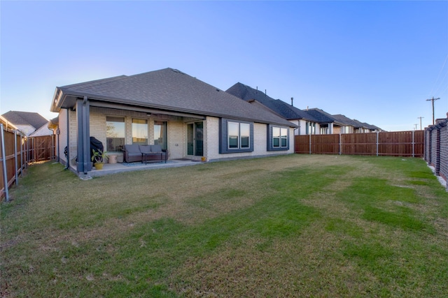 1927 Frediano Ln, Mclendon Chisholm, TX 75032 - rear view of house featuring an outdoor hangout area, roof with shingles, brick siding, and a patio