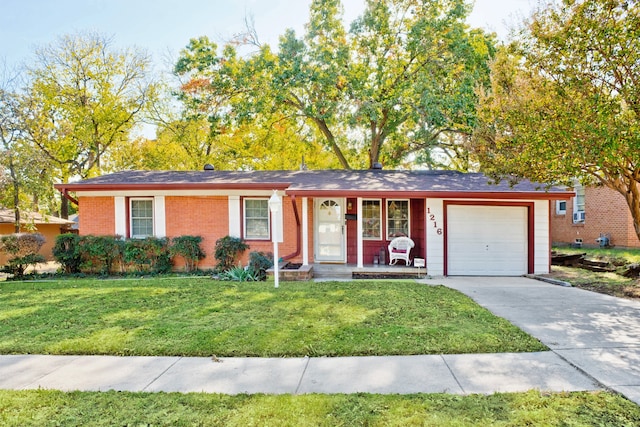 ranch-style house featuring a front lawn, concrete driveway, brick siding, and an attached garage