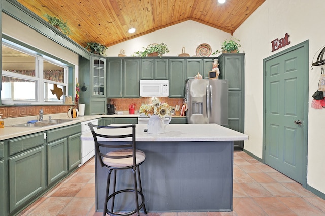 kitchen with sink, a center island, wooden ceiling, and white appliances